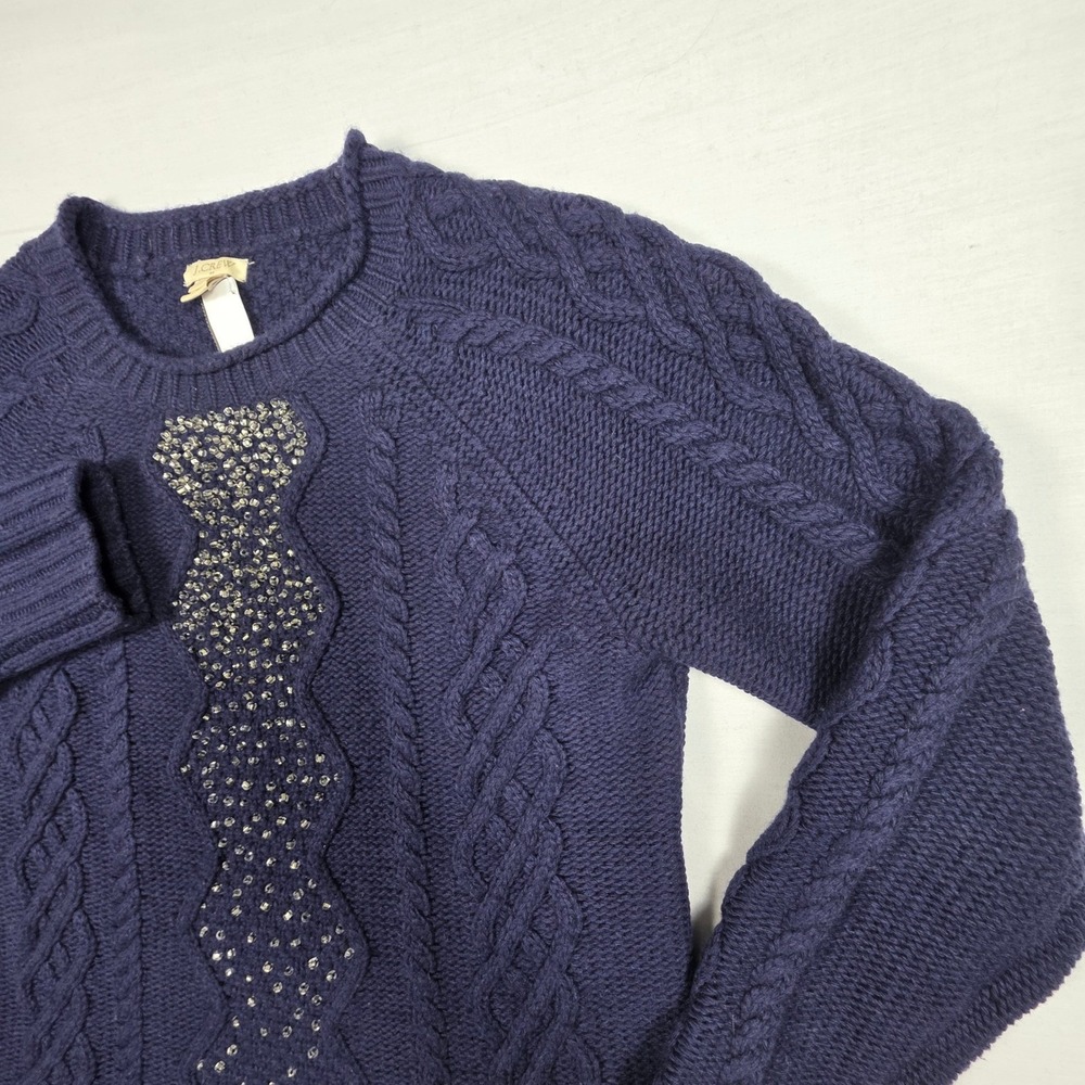 J.Crew Factory Sweater Womens‎ Medium Merino Wool Navy Blue Beaded Cable Knit - Picture 8 of 16